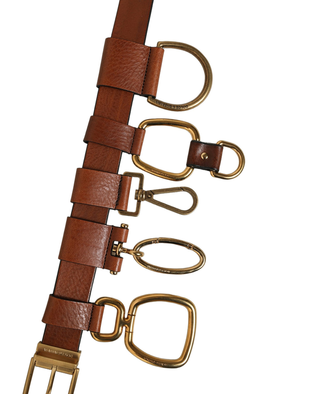 Dolce &amp; Gabbana Brown Leather Gold Metal Rings Buckle Belt