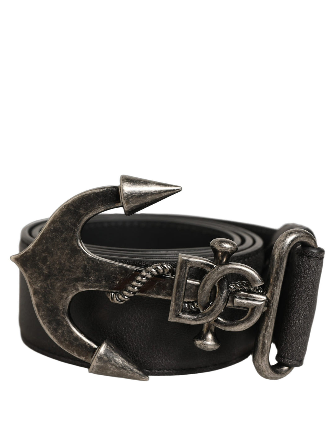Dolce &amp; Gabbana Black Leather Anchor Logo Metal Buckle Belt