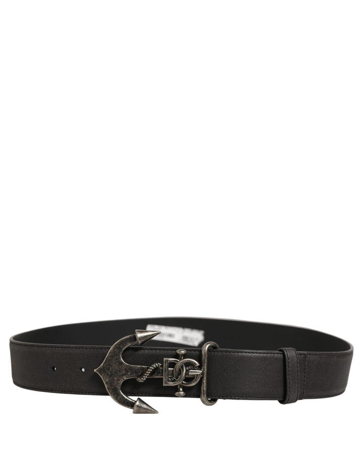 Dolce &amp; Gabbana Black Leather Anchor Logo Metal Buckle Belt