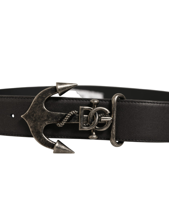 Dolce &amp; Gabbana Black Leather Anchor Logo Metal Buckle Belt