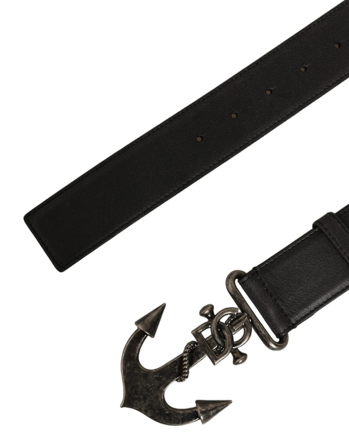 Dolce &amp; Gabbana Black Leather Anchor Logo Metal Buckle Belt