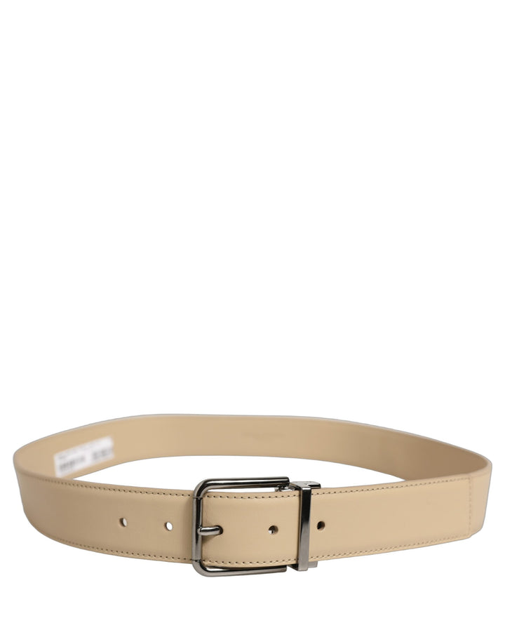Dolce &amp; Gabbana Beige Leather Silver Tone Metal Buckle Belt