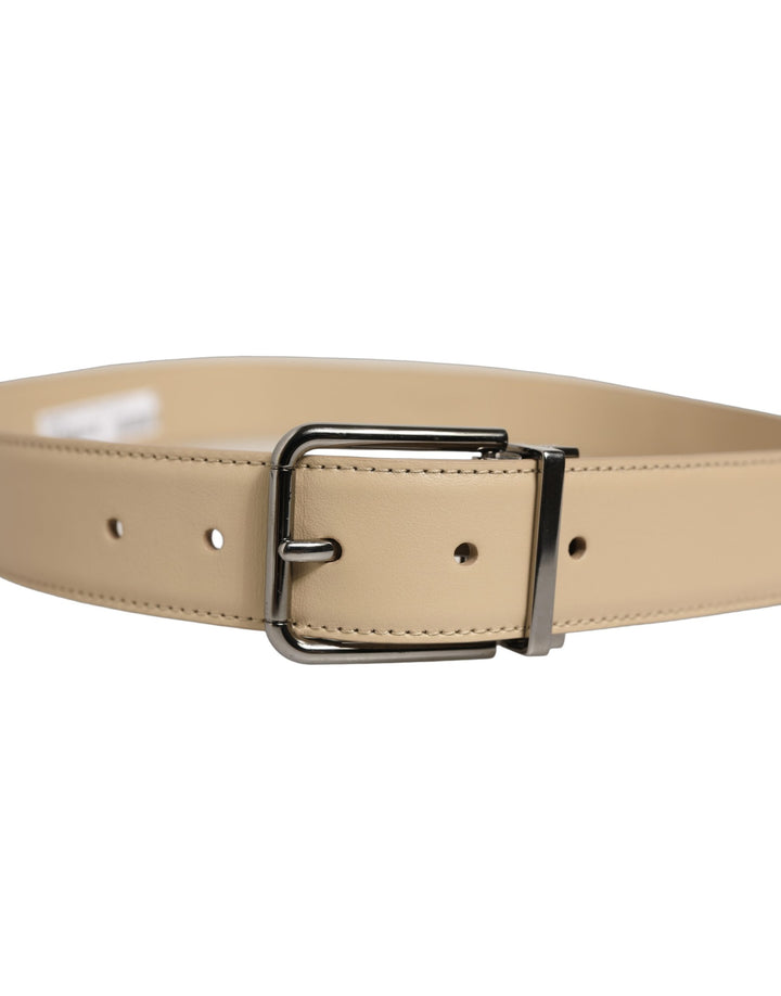 Dolce &amp; Gabbana Beige Leather Silver Tone Metal Buckle Belt
