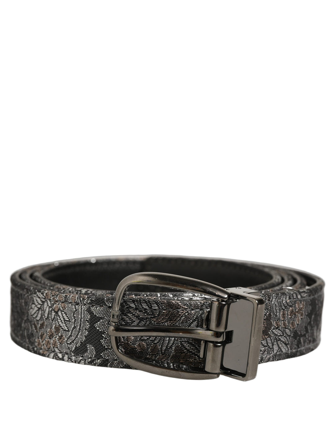 Dolce &amp; Gabbana Silver Black Floral Jacquard Metal Buckle Belt