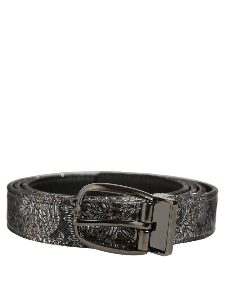 Dolce &amp; Gabbana Silver Black Floral Jacquard Metal Buckle Belt