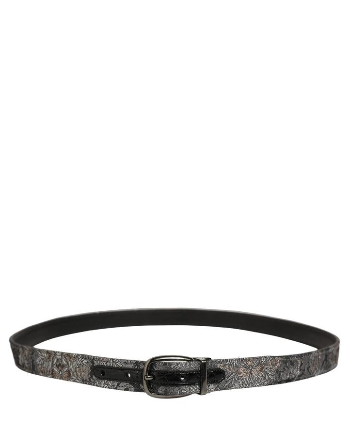 Dolce &amp; Gabbana Silver Black Floral Jacquard Metal Buckle Belt