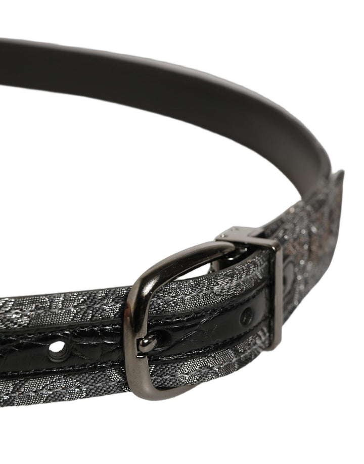 Dolce &amp; Gabbana Silver Black Floral Jacquard Metal Buckle Belt
