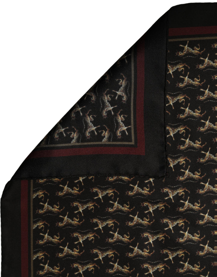 Dolce &amp; Gabbana Black Horse Silk Pocket Square Foulard Scarf