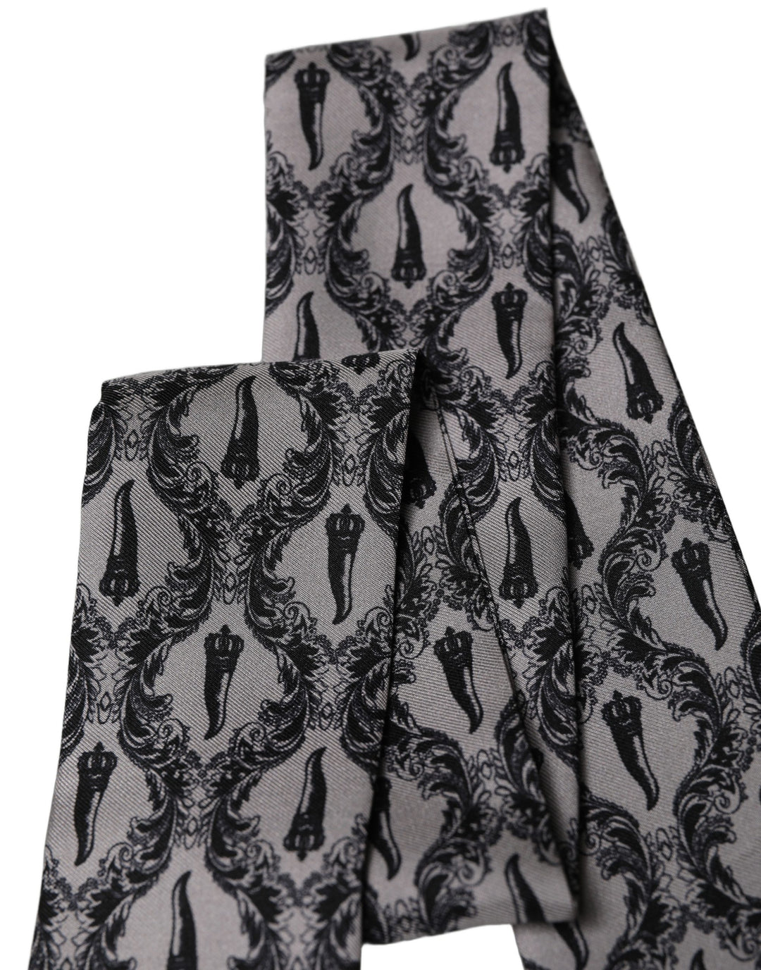 Dolce &amp; Gabbana Gray Baroque Silk Fringed Skinny Foulard Scarf
