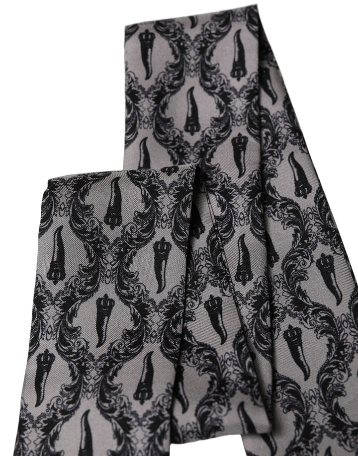 Dolce &amp; Gabbana Gray Baroque Silk Fringed Skinny Foulard Scarf