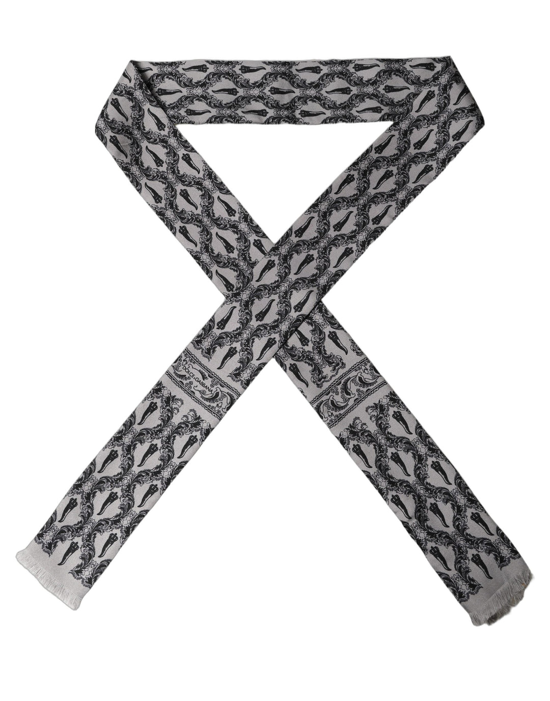 Dolce &amp; Gabbana Gray Baroque Silk Fringed Skinny Foulard Scarf