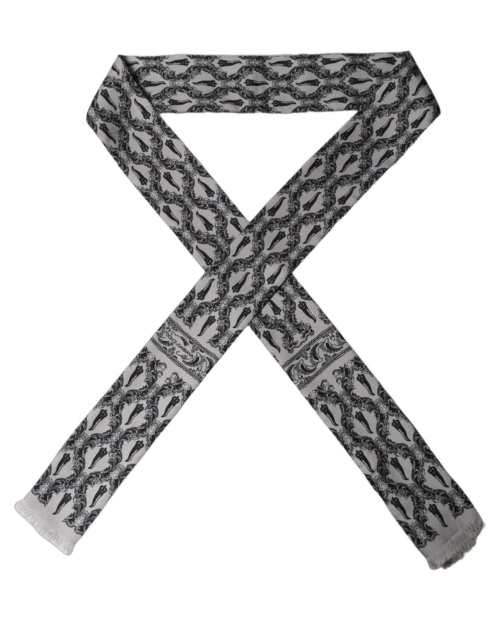 Dolce &amp; Gabbana Gray Baroque Silk Fringed Skinny Foulard Scarf