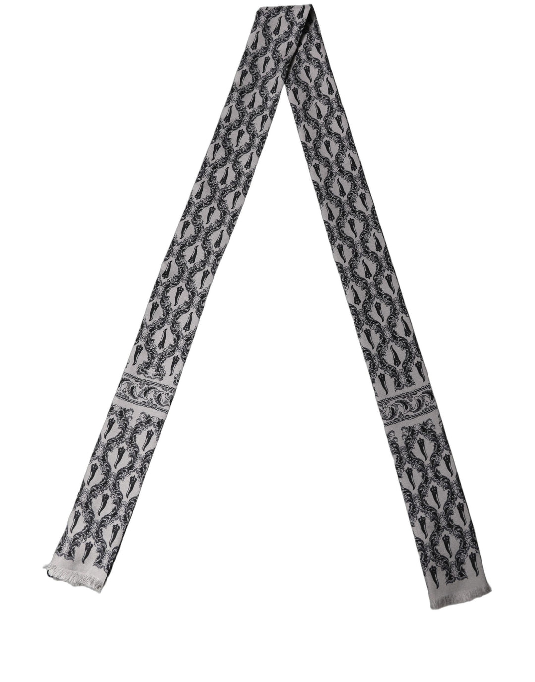 Dolce &amp; Gabbana Gray Baroque Silk Fringed Skinny Foulard Scarf