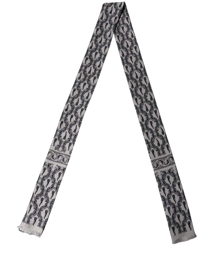 Dolce &amp; Gabbana Gray Baroque Silk Fringed Skinny Foulard Scarf