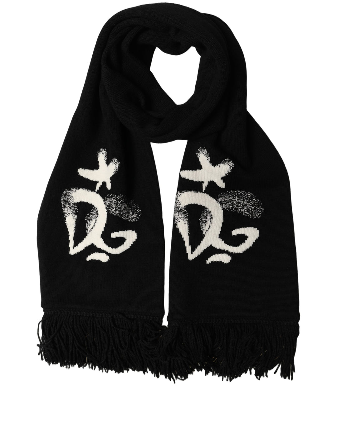 Dolce &amp; Gabbana Black Cashmere Knitted Fringed Foulard Scarf