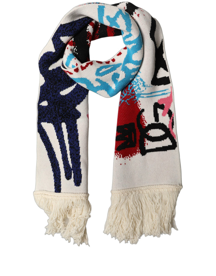 Dolce &amp; Gabbana White Graphic Cashmere Fringed Shawl Scarf