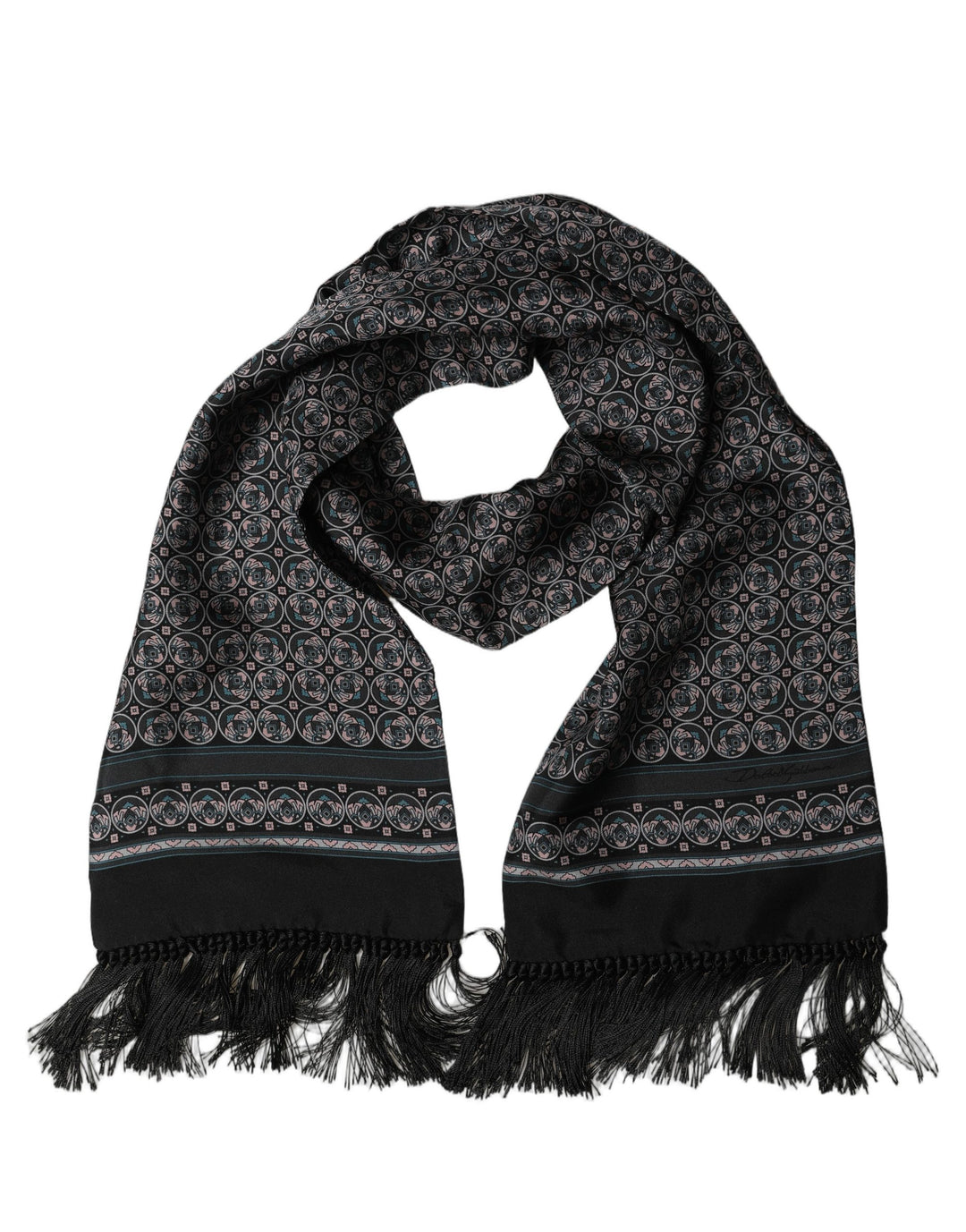 Dolce &amp; Gabbana Black Silk Geometric Fringed Neck Shawl Scarf