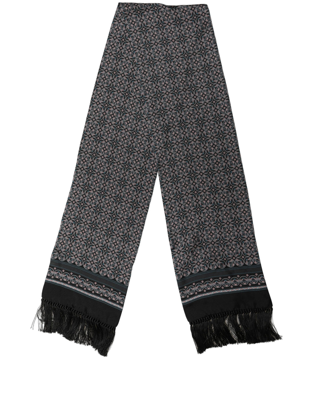Dolce &amp; Gabbana Black Silk Geometric Fringed Neck Shawl Scarf