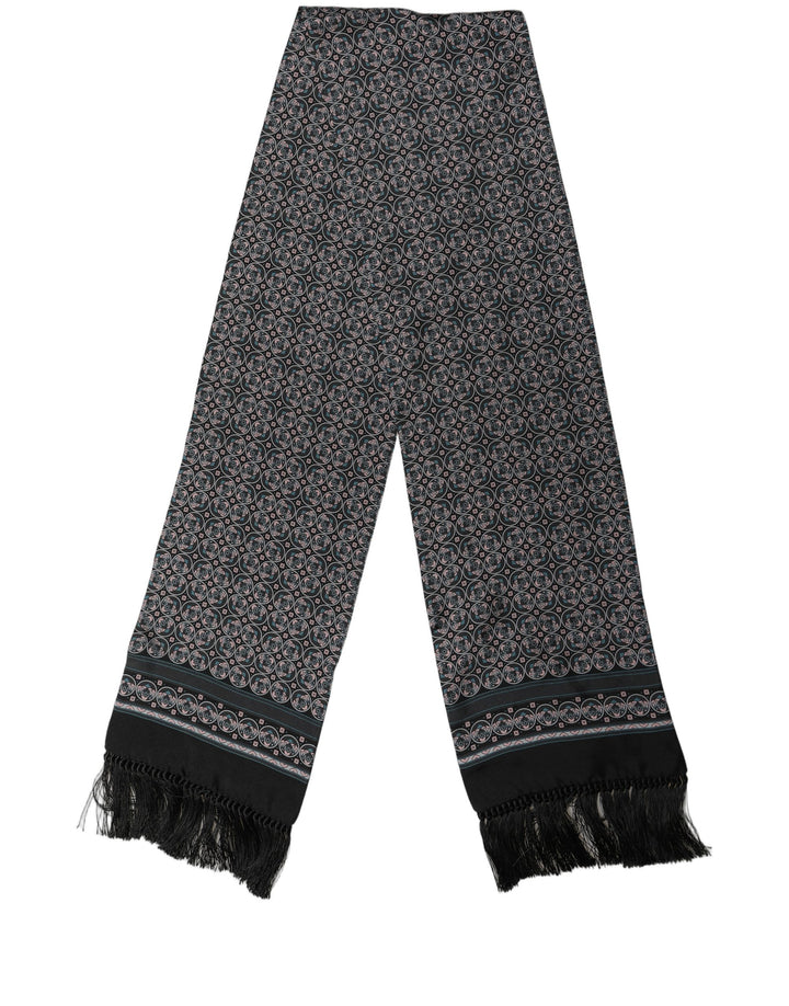 Dolce &amp; Gabbana Black Silk Geometric Fringed Neck Shawl Scarf
