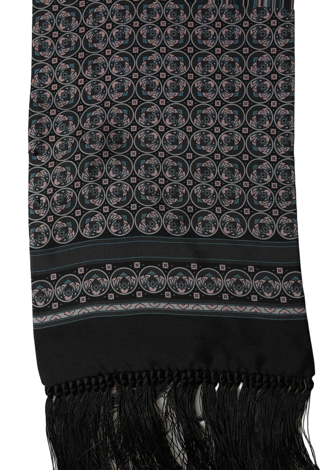Dolce &amp; Gabbana Black Silk Geometric Fringed Neck Shawl Scarf