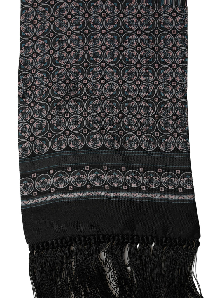 Dolce &amp; Gabbana Black Silk Geometric Fringed Neck Shawl Scarf