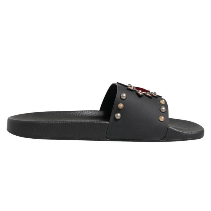 Dolce &amp; Gabbana Black Heart Patch Rubber Calfskin Slippers Shoes