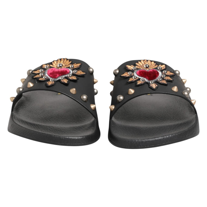 Dolce &amp; Gabbana Black Heart Patch Rubber Calfskin Slippers Shoes