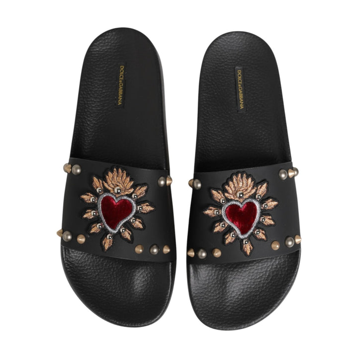 Dolce &amp; Gabbana Black Heart Patch Rubber Calfskin Slippers Shoes