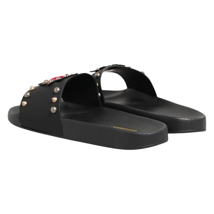 Dolce &amp; Gabbana Black Heart Patch Rubber Calfskin Slippers Shoes