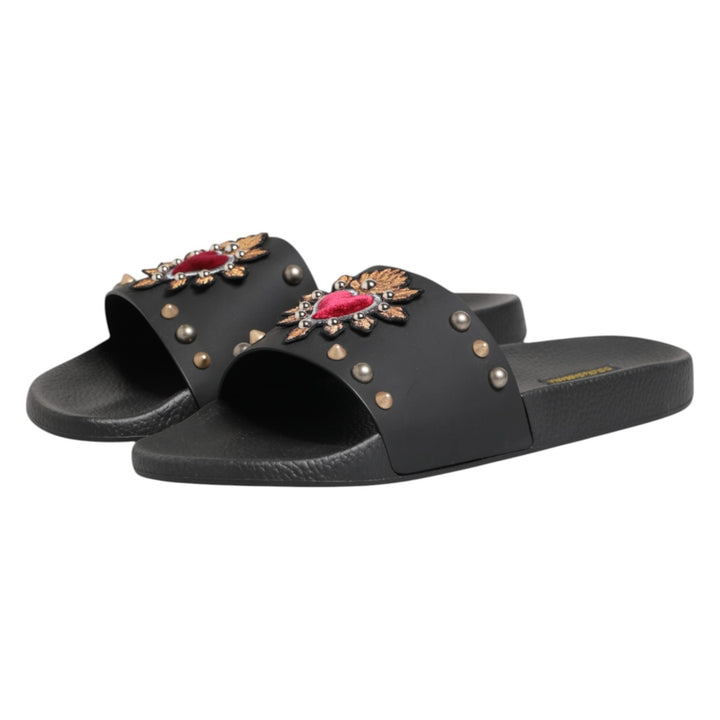 Dolce &amp; Gabbana Black Heart Patch Rubber Calfskin Slippers Shoes