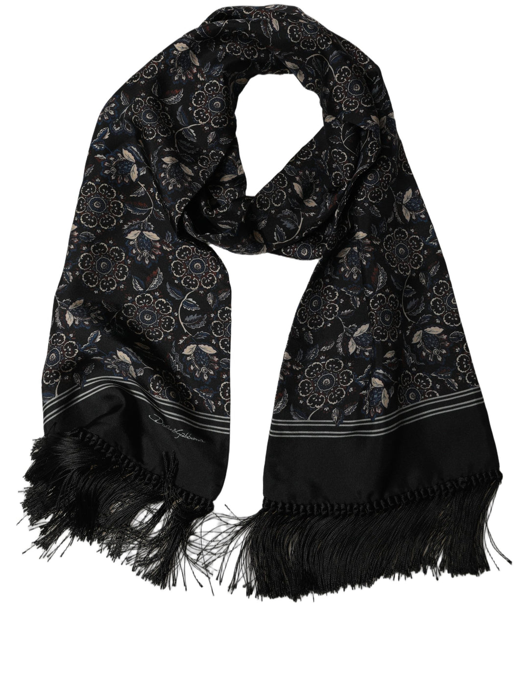 Dolce &amp; Gabbana Black Silk Floral Paisley Fringed Shawl Scarf