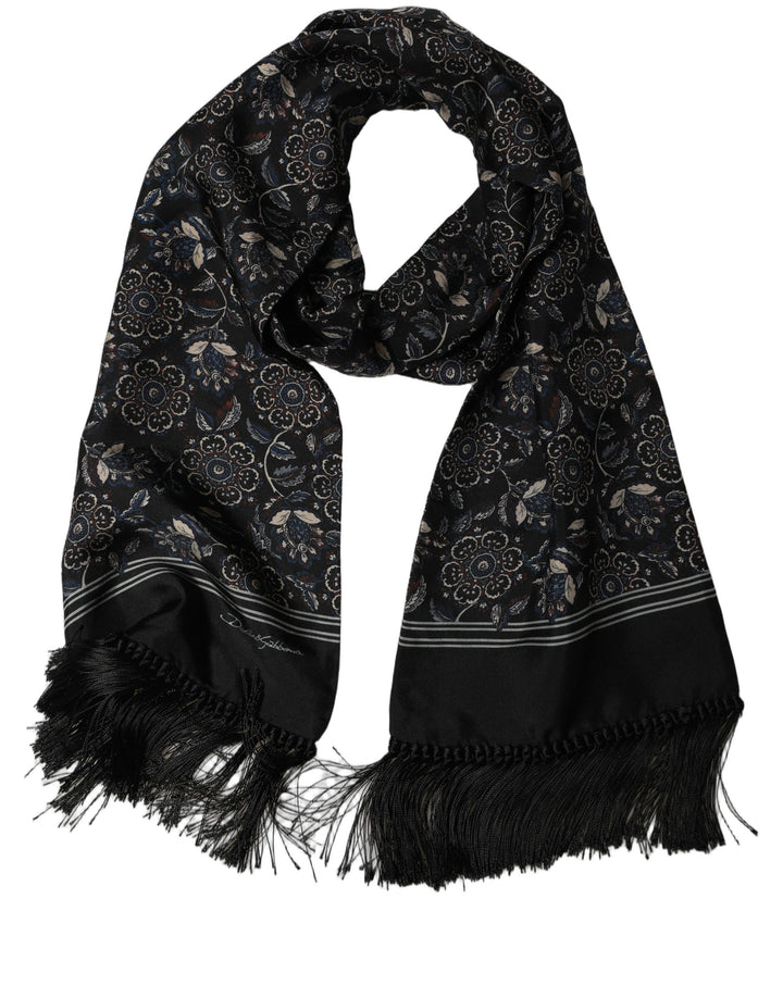 Dolce &amp; Gabbana Black Silk Floral Paisley Fringed Shawl Scarf