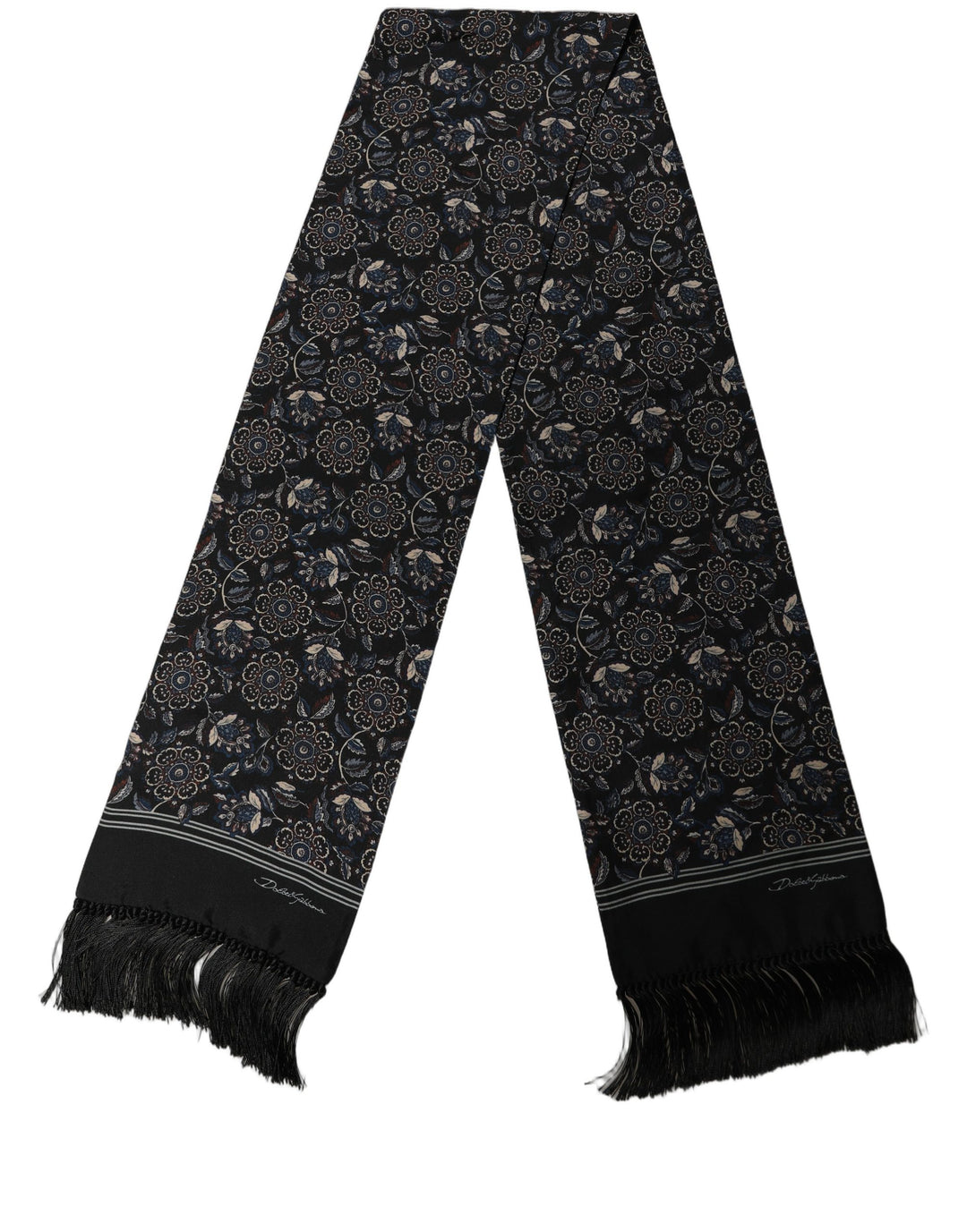 Dolce &amp; Gabbana Black Silk Floral Paisley Fringed Shawl Scarf