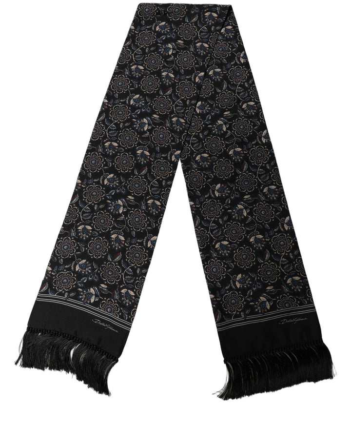 Dolce &amp; Gabbana Black Silk Floral Paisley Fringed Shawl Scarf