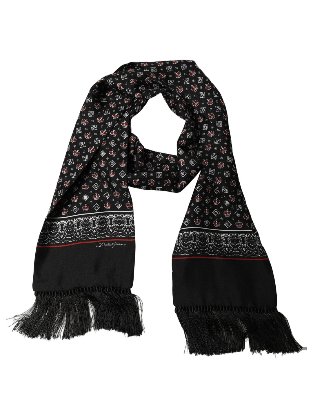 Dolce &amp; Gabbana Black Silk Crown Fringed Neck Shawl Scarf