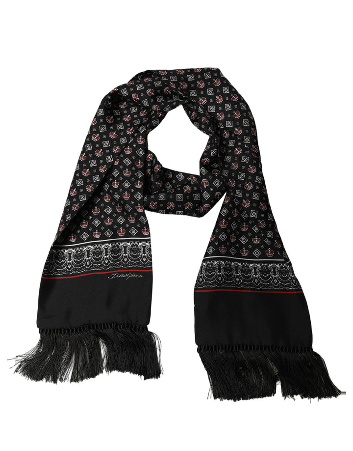 Dolce &amp; Gabbana Black Silk Crown Fringed Neck Shawl Scarf