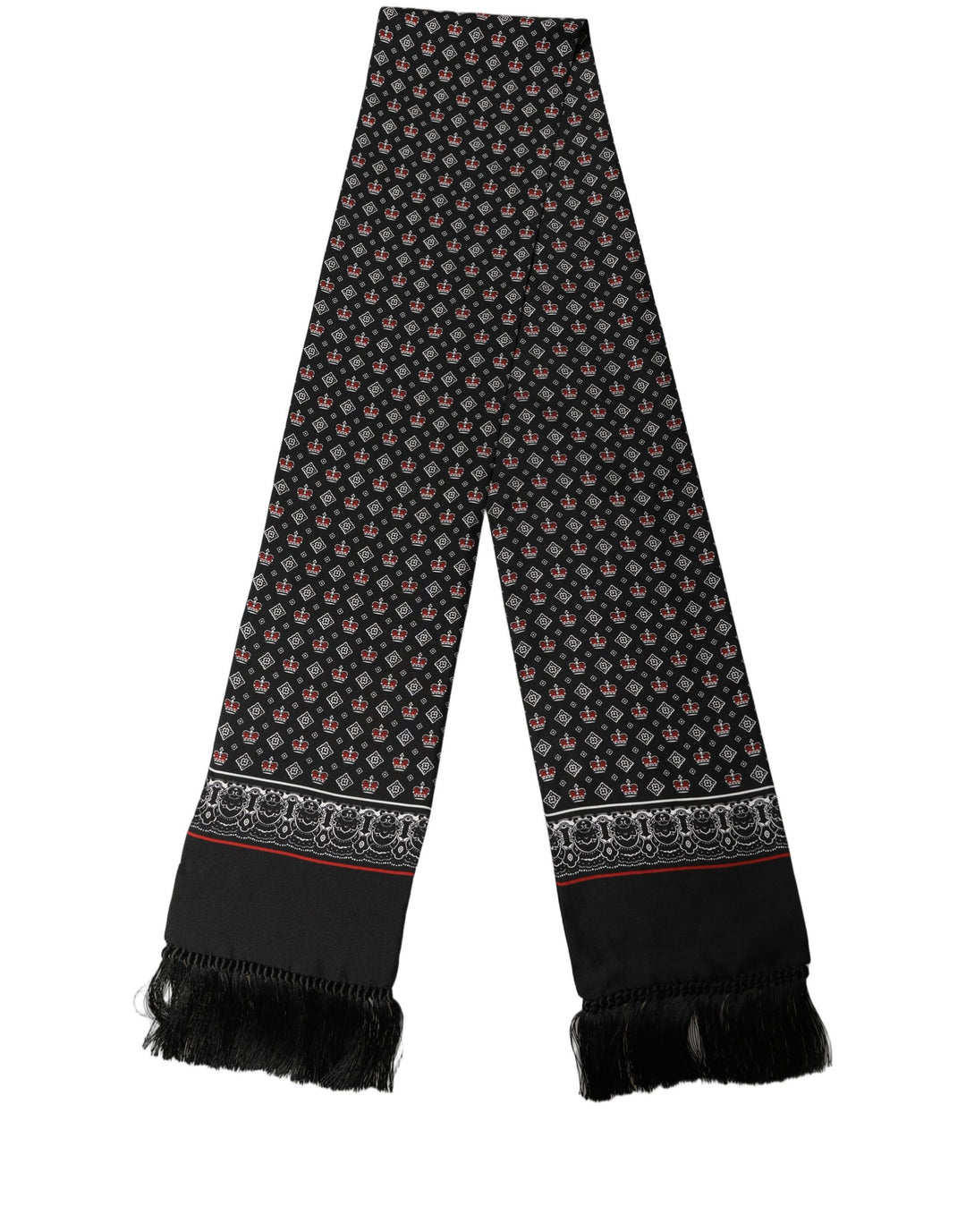 Dolce &amp; Gabbana Black Silk Crown Fringed Neck Shawl Scarf