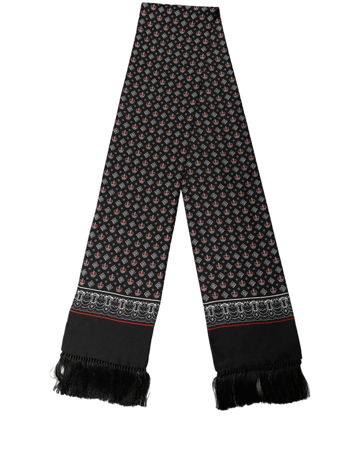 Dolce &amp; Gabbana Black Silk Crown Fringed Neck Shawl Scarf