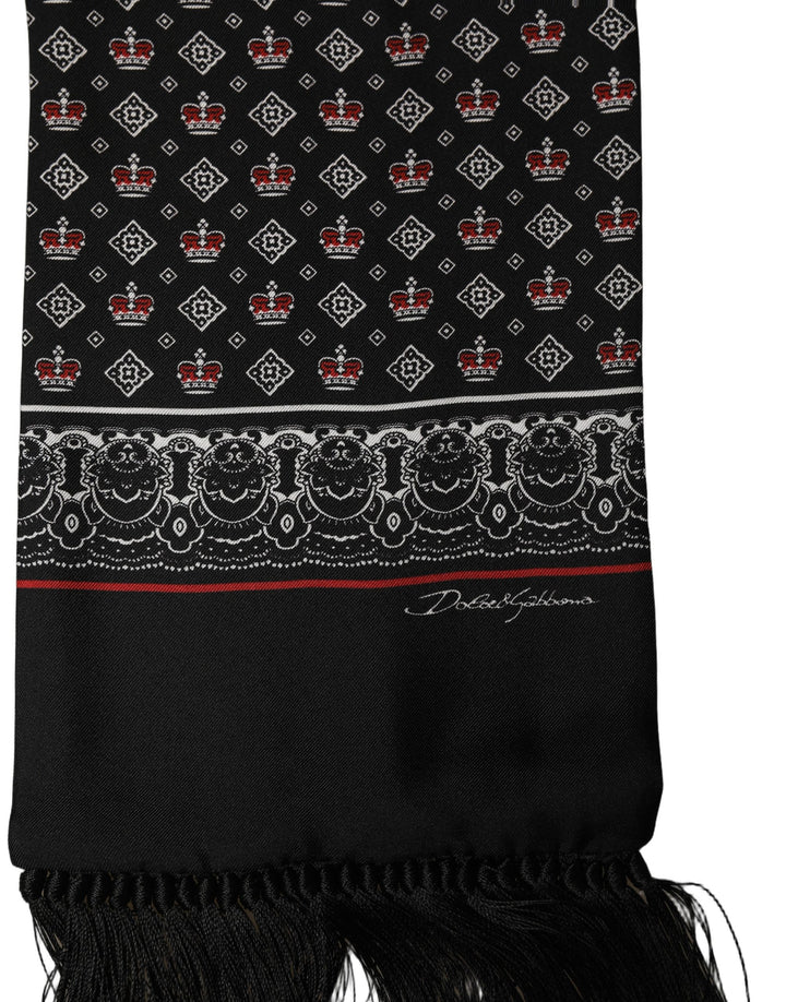 Dolce &amp; Gabbana Black Silk Crown Fringed Neck Shawl Scarf