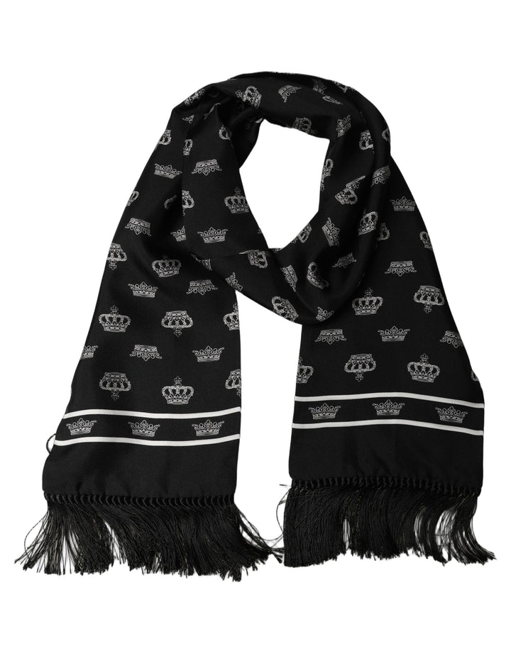 Dolce &amp; Gabbana Black Silk Crown Fringed Neck Shawl Scarf