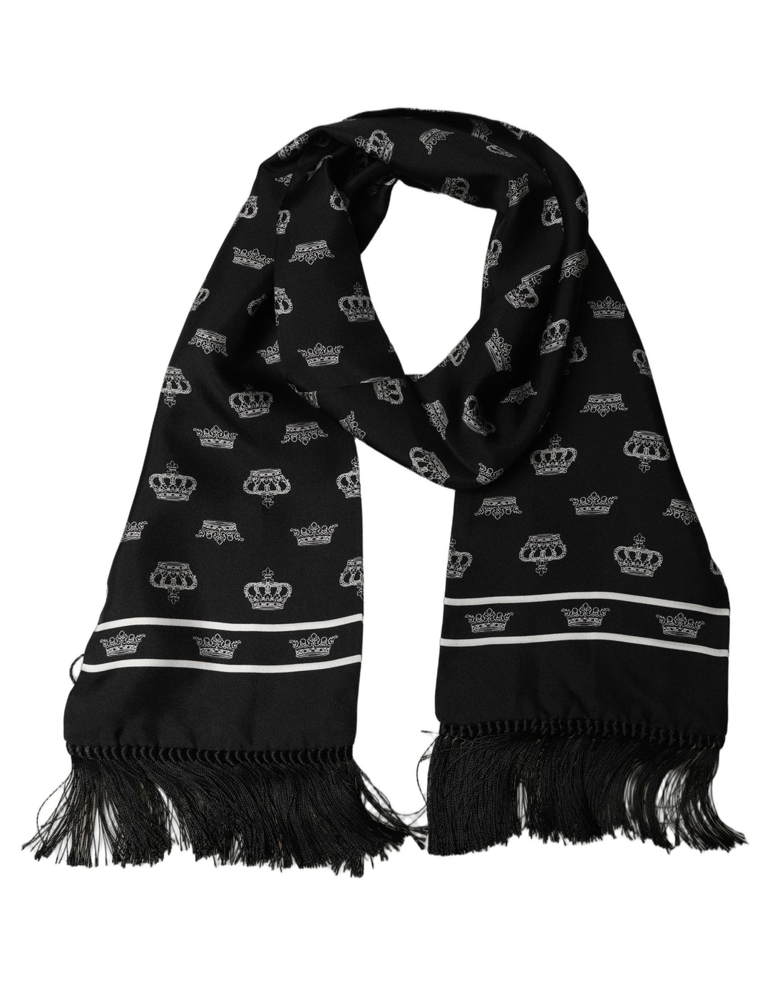 Dolce &amp; Gabbana Black Silk Crown Fringed Neck Shawl Scarf
