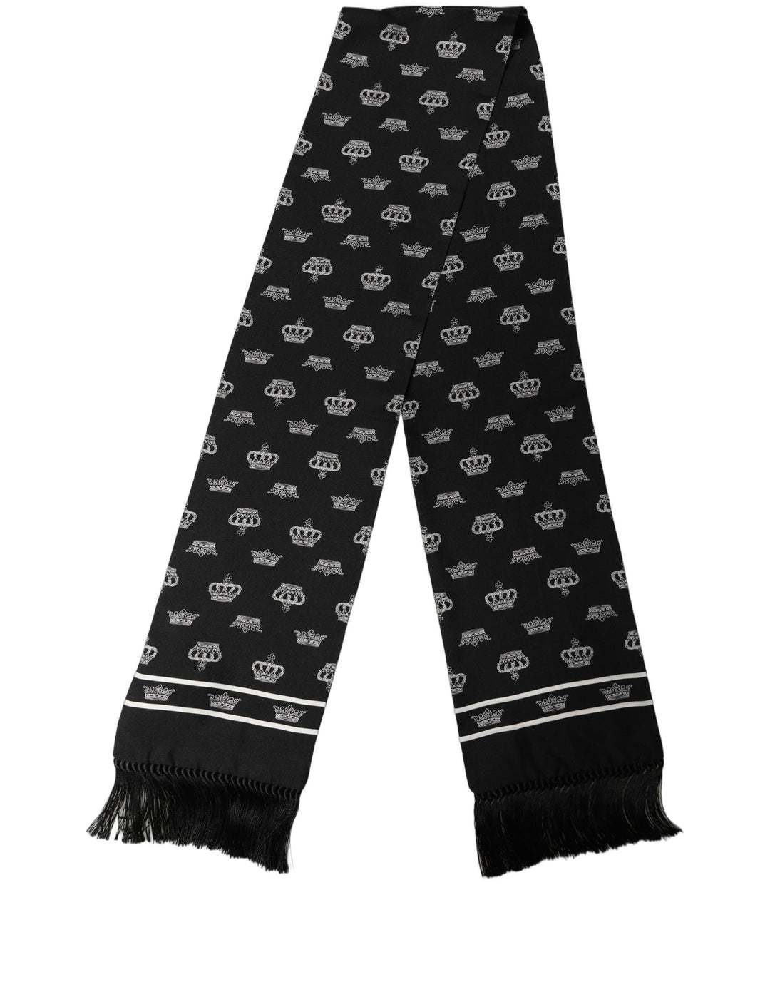 Dolce &amp; Gabbana Black Silk Crown Fringed Neck Shawl Scarf