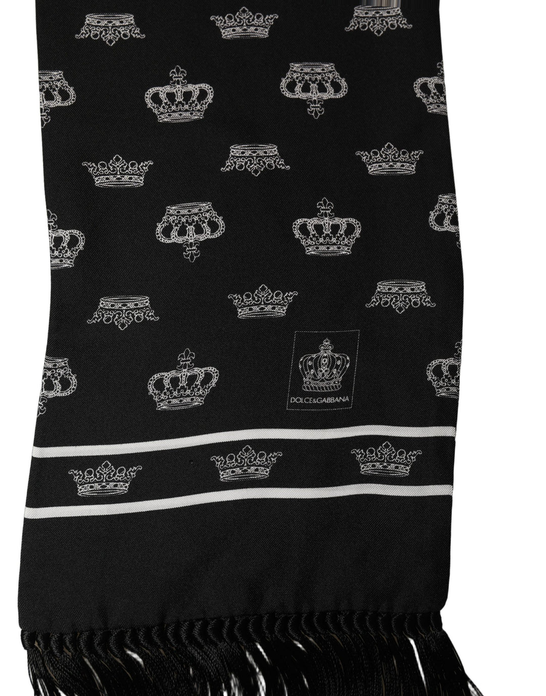 Dolce &amp; Gabbana Black Silk Crown Fringed Neck Shawl Scarf