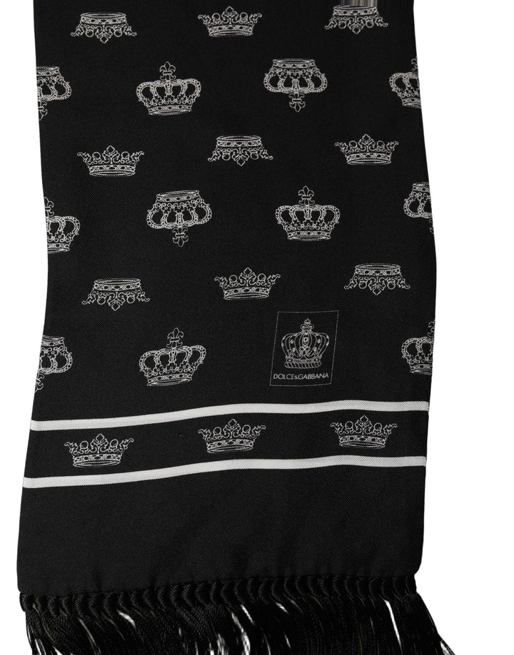 Dolce &amp; Gabbana Black Silk Crown Fringed Neck Shawl Scarf