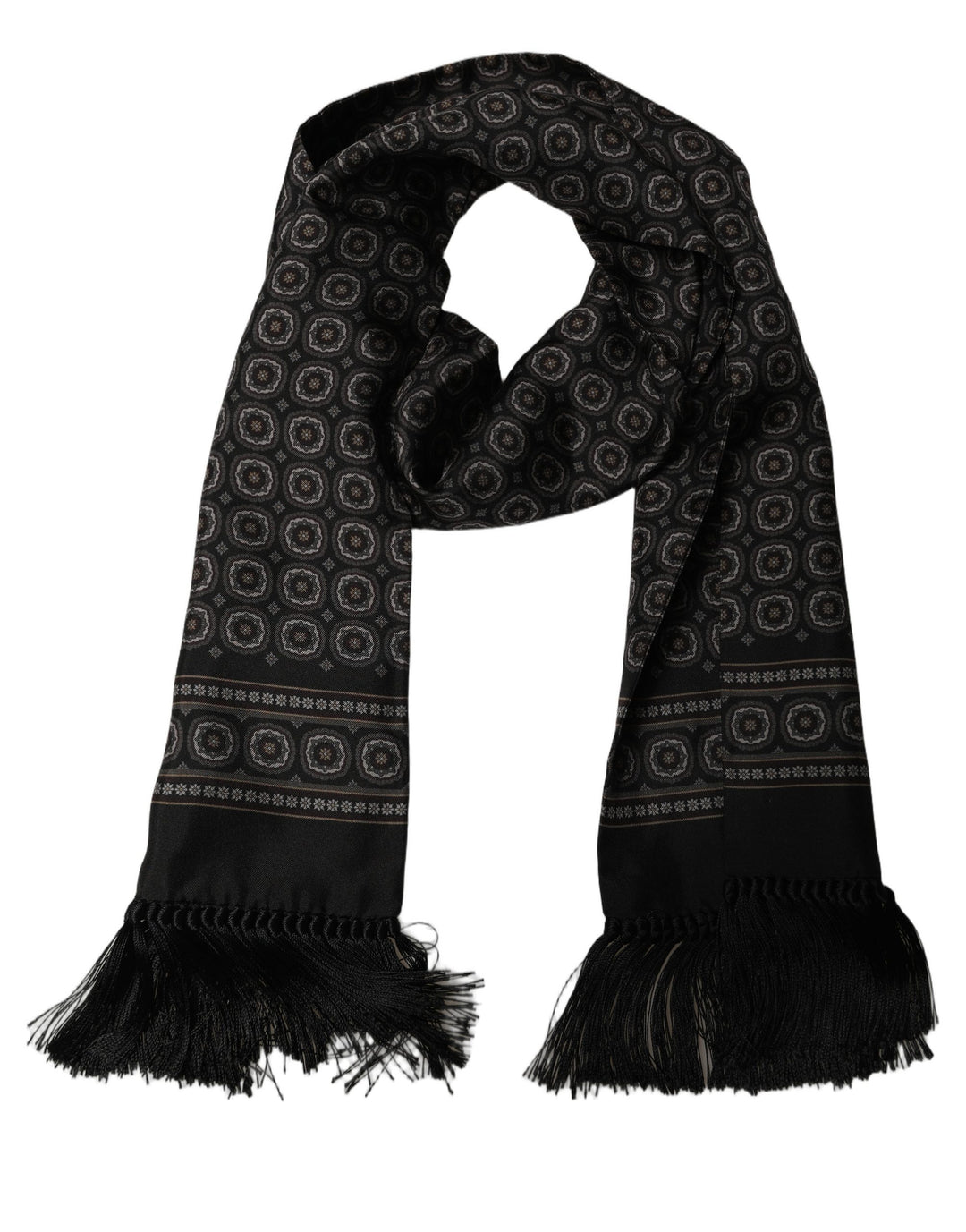 Dolce &amp; Gabbana Black Silk Geometric Fringed Neck Shawl Scarf