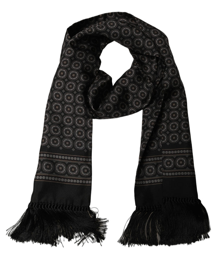 Dolce &amp; Gabbana Black Silk Geometric Fringed Neck Shawl Scarf