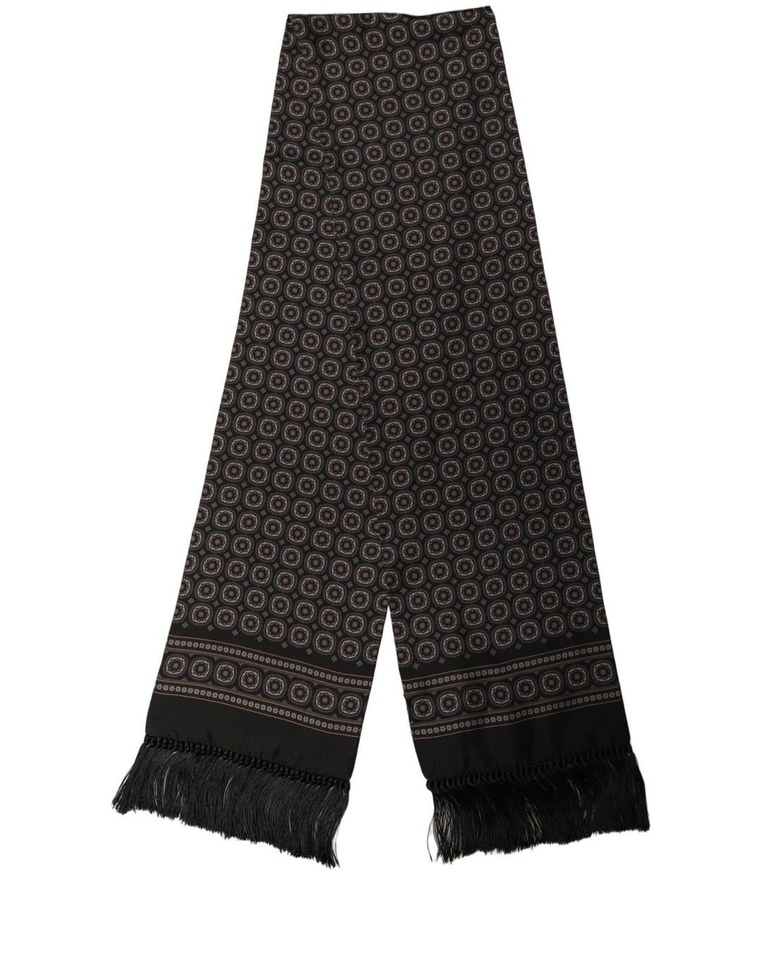 Dolce &amp; Gabbana Black Silk Geometric Fringed Neck Shawl Scarf