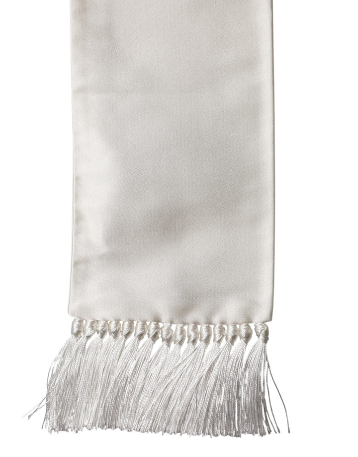 Dolce &amp; Gabbana Men White Satin Silk Fringed Lace Stole Scarf