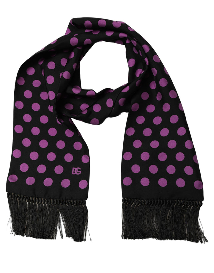 Dolce &amp; Gabbana Men Black Purple Polka Dot Fringed Lace Stole Scarf