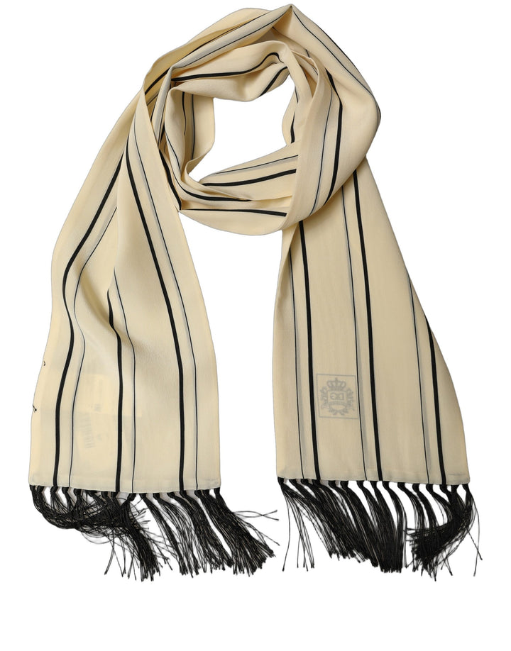 Dolce &amp; Gabbana Beige Silk Striped Fringed Neck Shawl Scarf